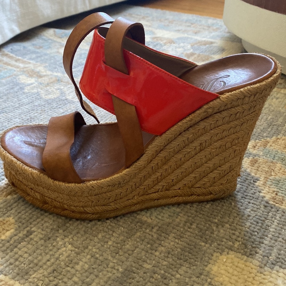 Delman wedges. Orange strap, woven platform. Extremely comfortable. Size 6.5